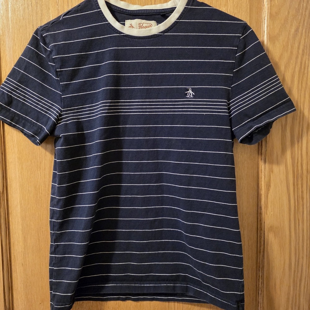Original Penguin T-shirt Striped Navy Blue White Cotton Men's Size Small‎